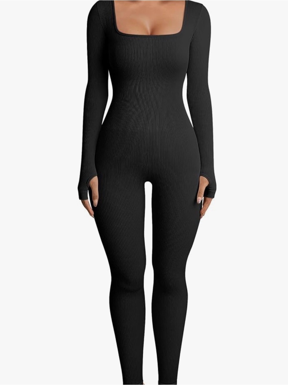 QQQ Ribbed Long-Sleeve Black Jumpsuit